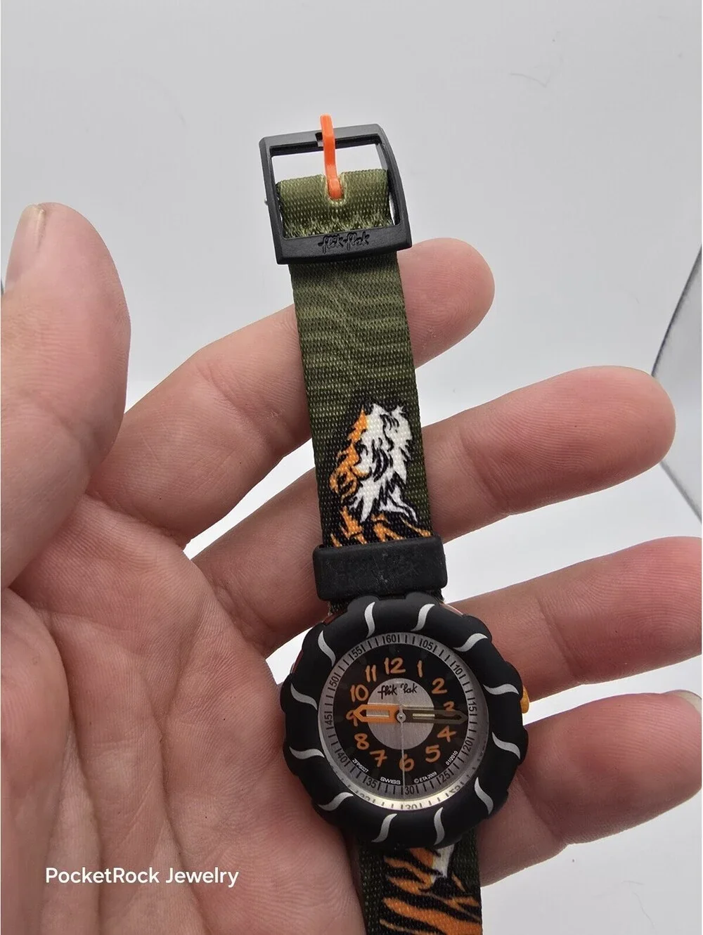 Flik Flak Swiss Made Tiger Print Green Fabric Strap Kids Quartz Watch 2010
